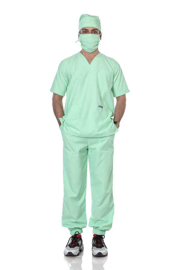 Pastel_Green_7_Pocket_V_Neck_Scrub_With_Cap_&_Mask_For_Men