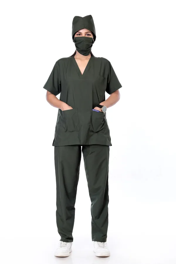 Forest_Green_5_Pocket_V_Neck_Scrub_With_Cap_&_Mask_For_Women