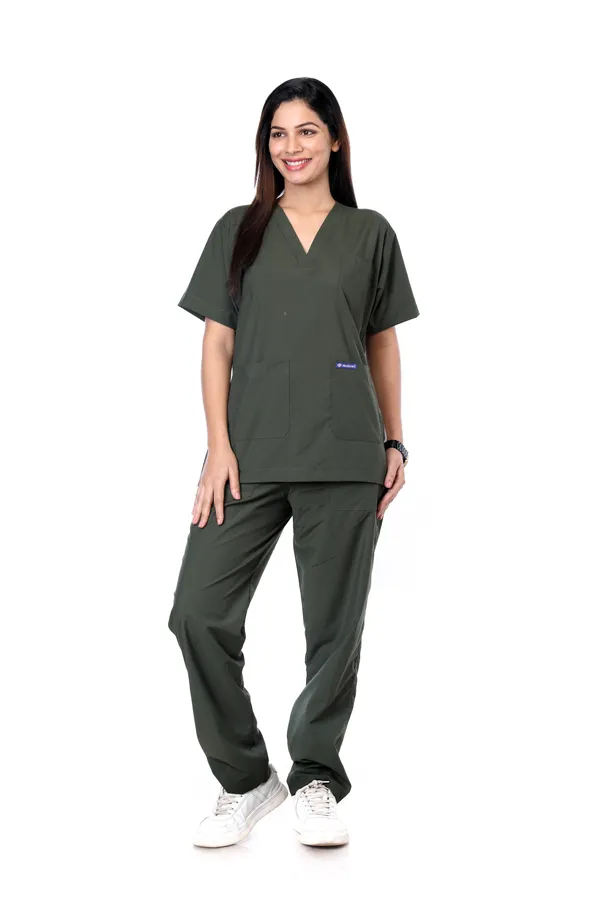 Forest_Green_5_Pocket_V_Neck_Scrub_With_Cap_&_Mask_For_Women