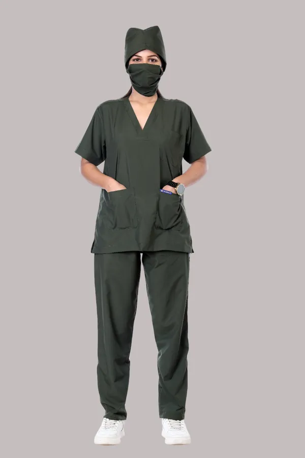 Forest_Green_5_Pocket_V_Neck_Scrub_With_Cap_&_Mask_For_Women