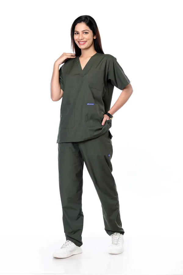 Forest_Green_5_Pocket_V_Neck_Scrub_With_Cap_&_Mask_For_Women