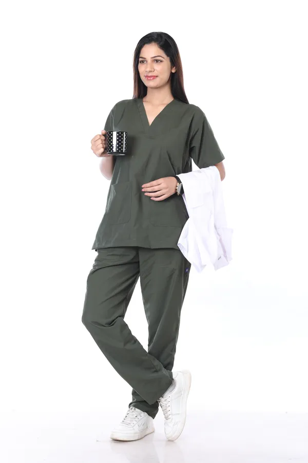 Forest_Green_5_Pocket_V_Neck_Scrub_With_Cap_&_Mask_For_Women