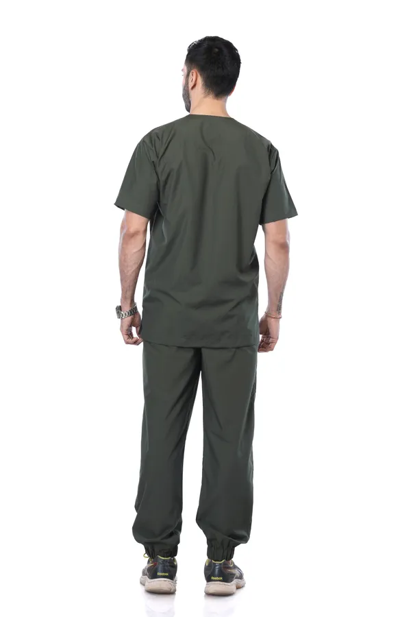 Forest_Green_7_Pocket_Mandarin_Collar_Scrub_With_Cap_&_Mask_For_Men