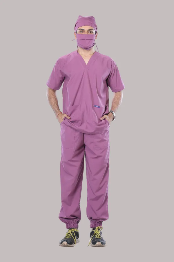 Misty_Pink_7_Pocket_V_Neck_Scrub_With_Cap_&_Mask_For_Men