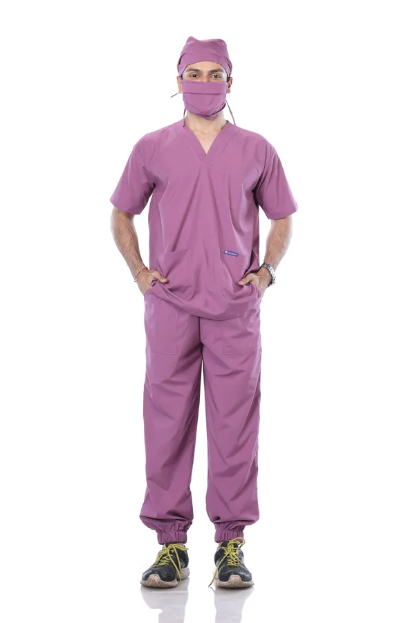 Misty_Pink_7_Pocket_V_Neck_Scrub_With_Cap_&_Mask_For_Men