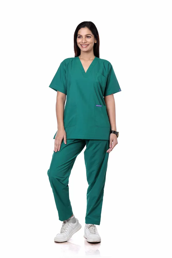 Green_9_Pocket_Scrub_V_Neck_With_Cap_&_Mask_For_Women