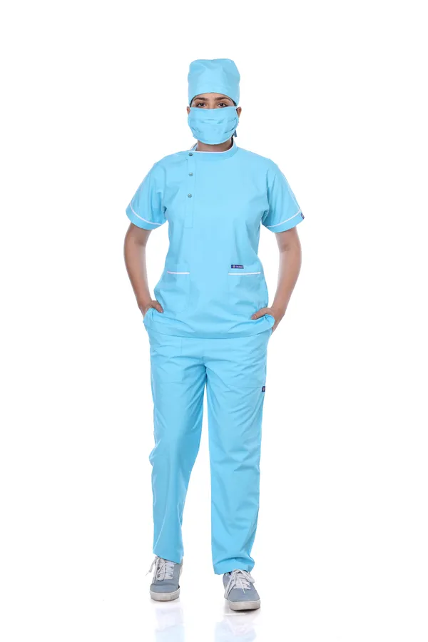 Pastel_Blue_7_Pocket_Biofit_Collar_Scrub_With_Cap_&_Mask_For_Women