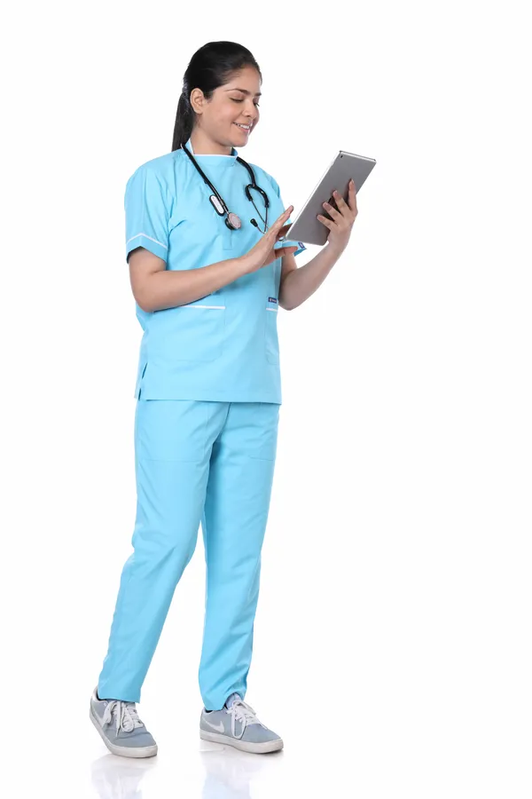 Pastel_Blue_7_Pocket_Biofit_Collar_Scrub_With_Cap_&_Mask_For_Women
