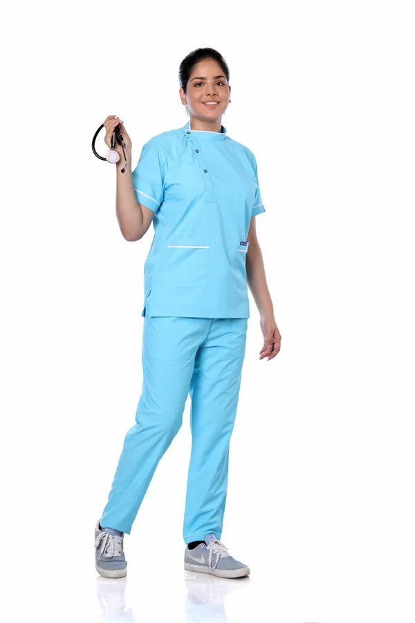 Pastel_Blue_7_Pocket_Biofit_Collar_Scrub_With_Cap_&_Mask_For_Women
