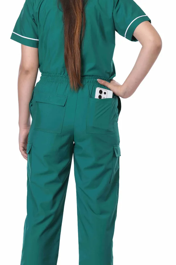 Green_9_Pocket_Mandarin_Collar_Scrub_With_Cap_&_Mask_For_Women