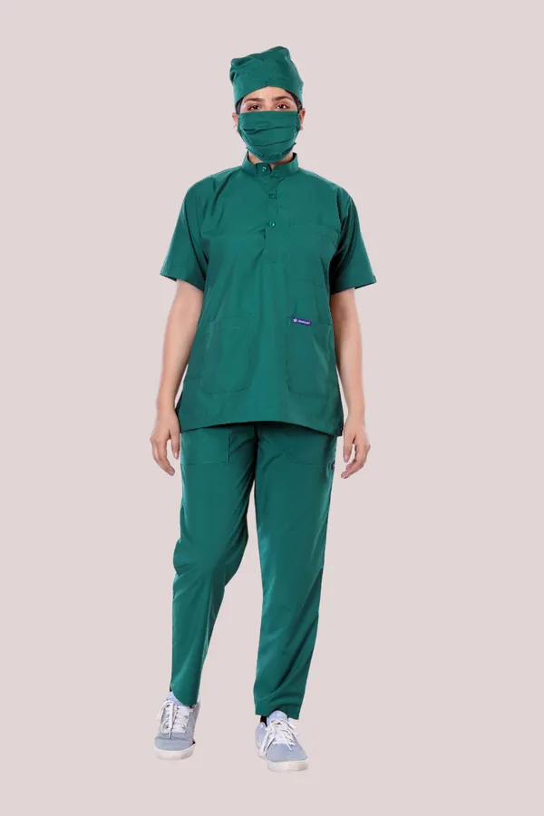Green_9_Pocket_Mandarin_Collar_Scrub_With_Cap_&_Mask_For_Women