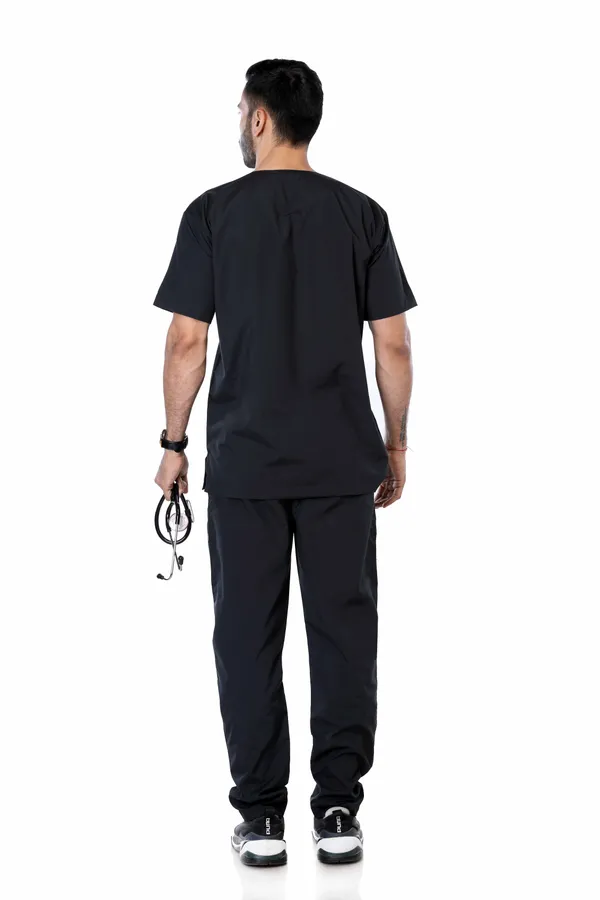 Black_5_Pocket_V_Neck_Scrub_With_Cap_&_Mask_For_Men