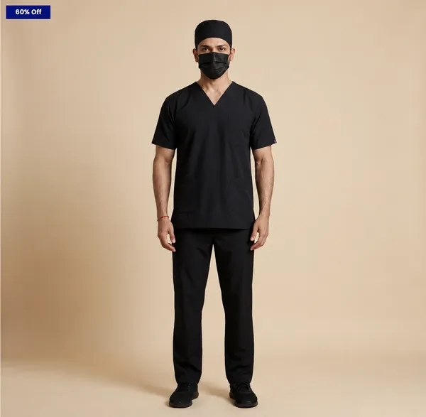 Black_5_Pocket_V_Neck_Scrub_With_Cap_&_Mask_For_Men