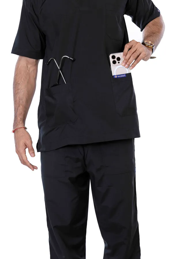 Black_5_Pocket_V_Neck_Scrub_With_Cap_&_Mask_For_Men