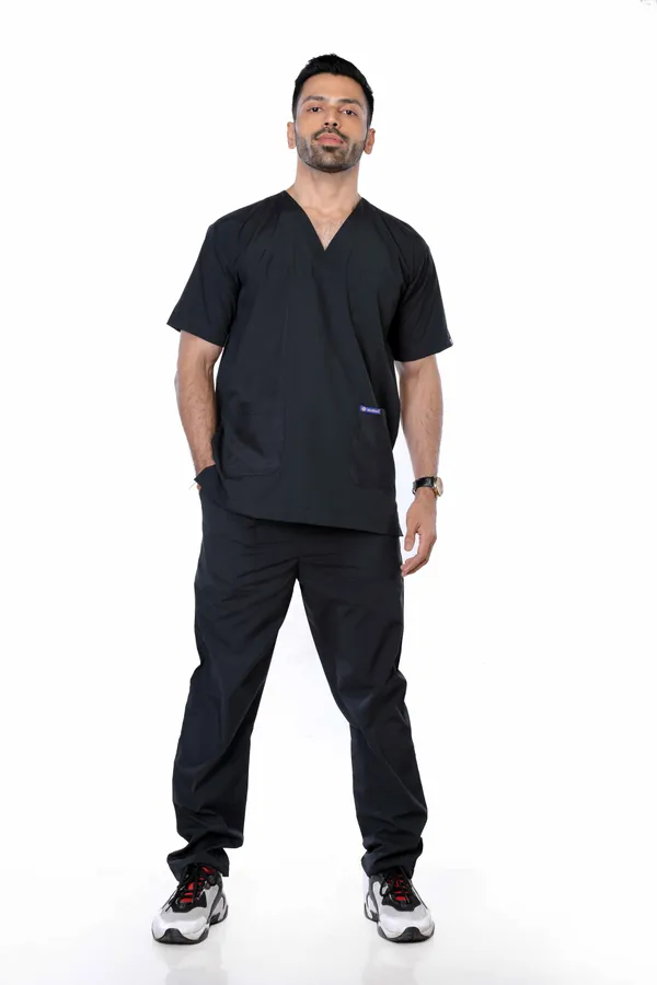 Black_5_Pocket_V_Neck_Scrub_With_Cap_&_Mask_For_Men