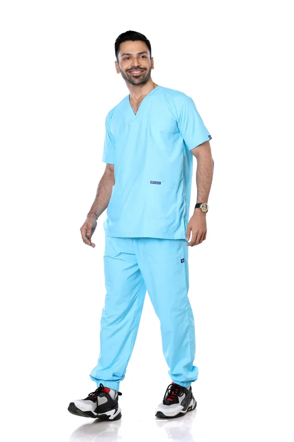 Pastel_Blue_7_Pocket_Mandarin_Collar_Scrub_With_Cap_&_Mask_For_Men