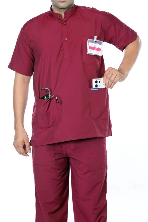 Maroon_5_Pocket_Mandarin_Collar_Scrub_With_Cap_&_Mask_For_Men