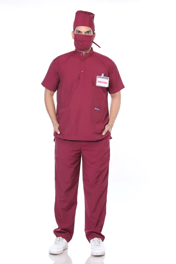 Maroon_5_Pocket_Mandarin_Collar_Scrub_With_Cap_&_Mask_For_Men