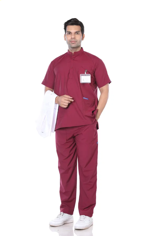 Maroon_5_Pocket_Mandarin_Collar_Scrub_With_Cap_&_Mask_For_Men