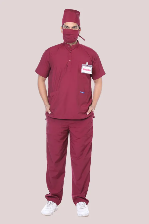 Maroon_5_Pocket_Mandarin_Collar_Scrub_With_Cap_&_Mask_For_Men