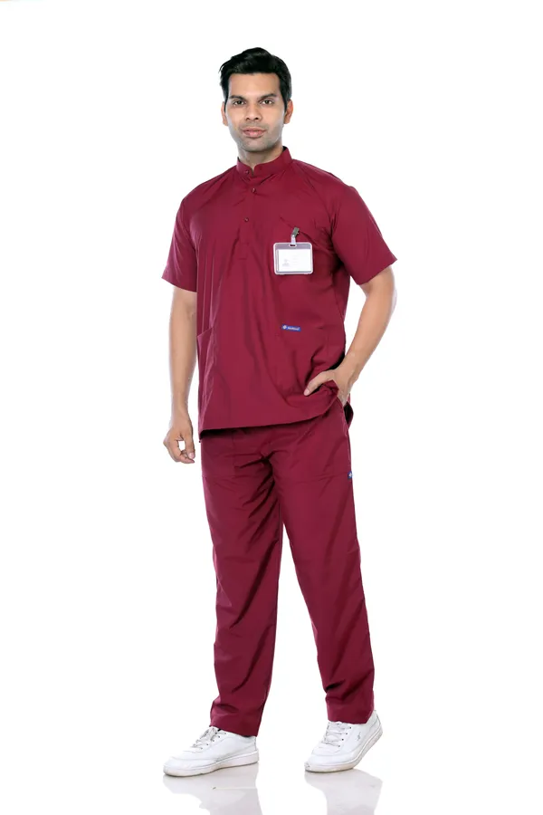 Maroon_5_Pocket_Mandarin_Collar_Scrub_With_Cap_&_Mask_For_Men