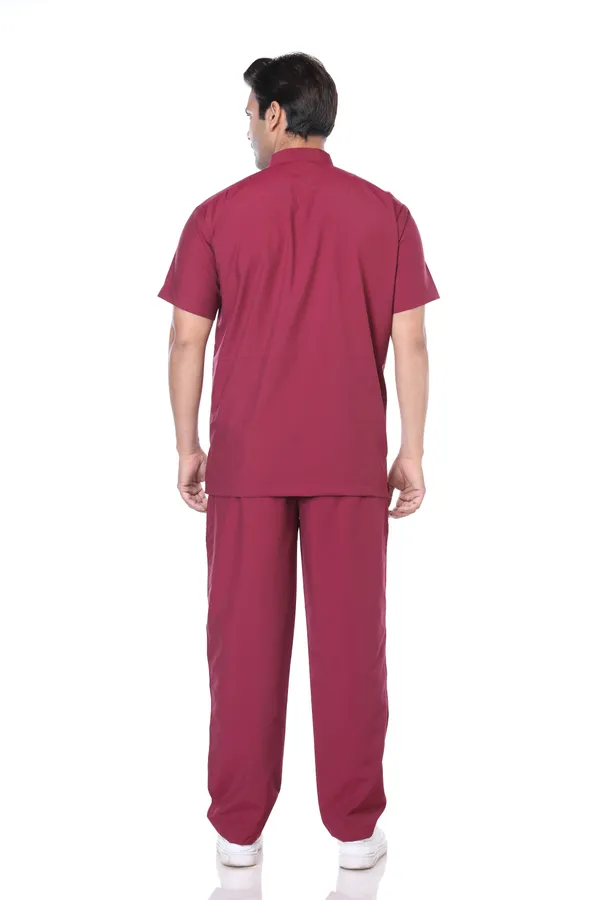 Maroon_5_Pocket_Mandarin_Collar_Scrub_With_Cap_&_Mask_For_Men