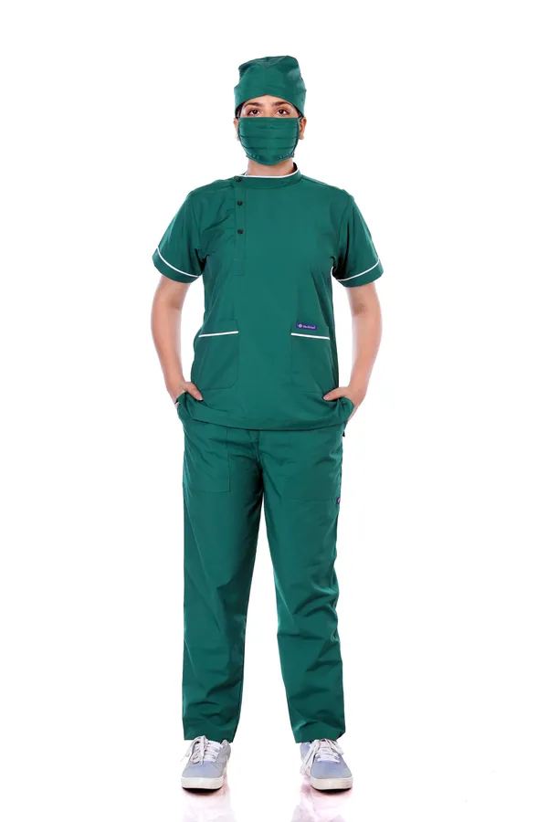 Green_7_Pocket_Biofit_Collar_Scrub_With_Cap_&_Mask_For_Women
