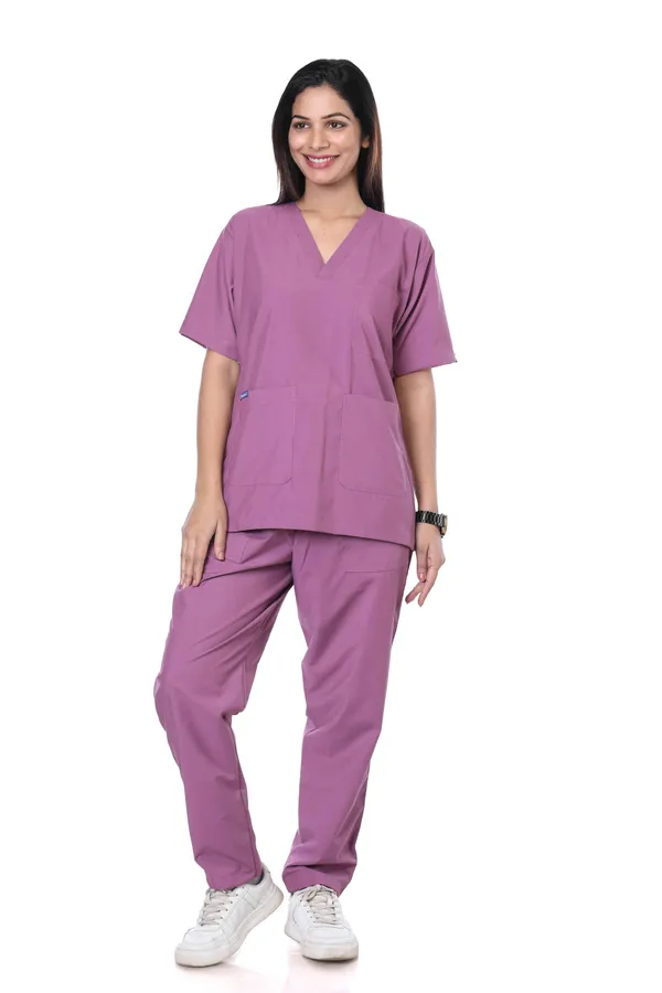 Misty_Pink_9_Pocket_Scrub_V_Neck_With_Cap_&_Mask_For_Women