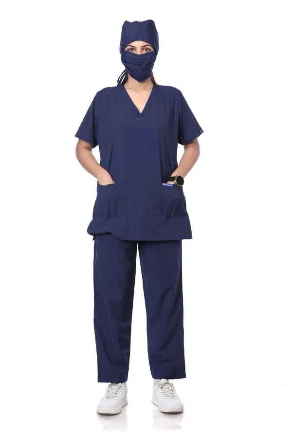 Navy_Blue_9_Pocket_Scrub_V_Neck_With_Cap_&_Mask_For_Women