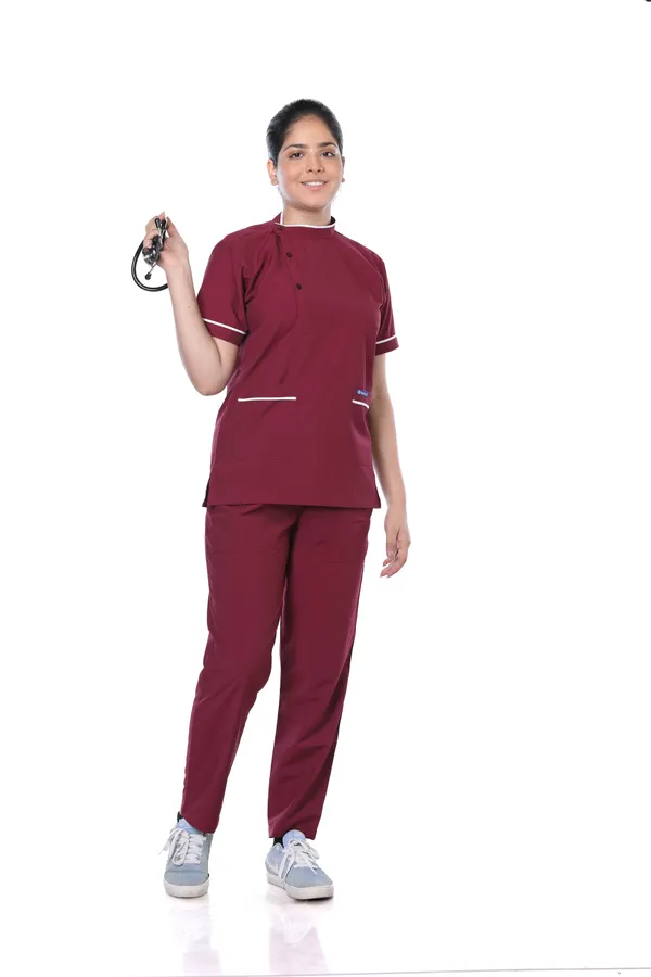 Maroon_5_Pocket_Biofit_Collar_Scrub_With_Cap_&_Mask_For_Women