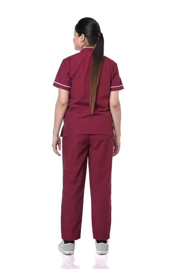 Maroon_5_Pocket_Biofit_Collar_Scrub_With_Cap_&_Mask_For_Women