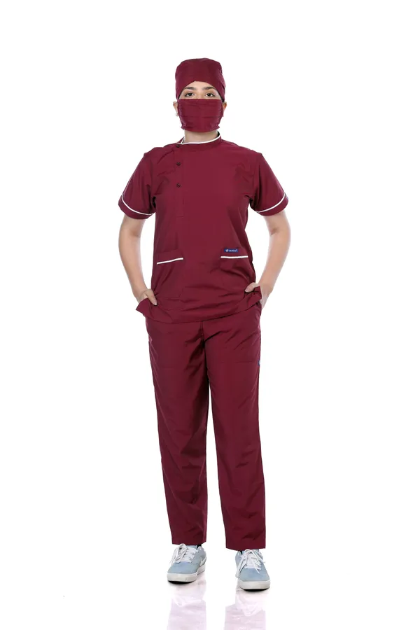 Maroon_5_Pocket_Biofit_Collar_Scrub_With_Cap_&_Mask_For_Women
