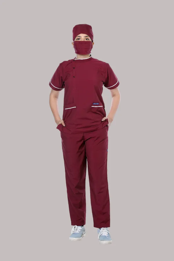 Maroon_5_Pocket_Biofit_Collar_Scrub_With_Cap_&_Mask_For_Women