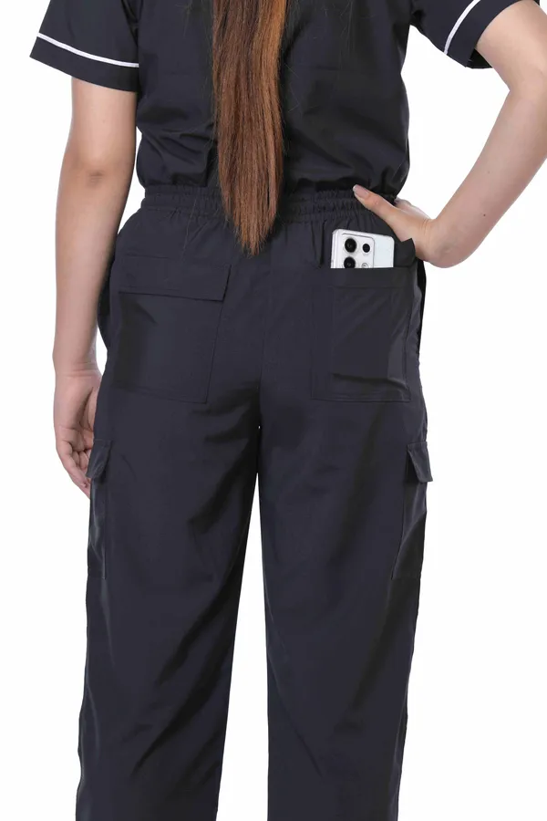 Black_9_Pocket_Mandarin_Collar_Scrub_With_Cap_&_Mask_For_Women