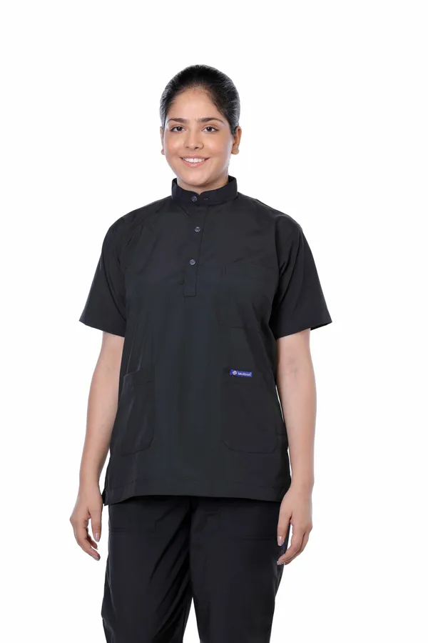 Black_9_Pocket_Mandarin_Collar_Scrub_With_Cap_&_Mask_For_Women