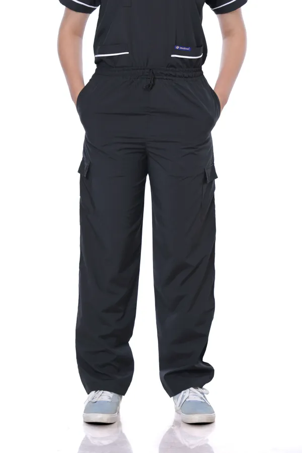 Black_9_Pocket_Mandarin_Collar_Scrub_With_Cap_&_Mask_For_Women