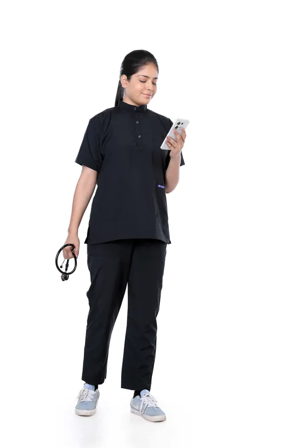 Black_9_Pocket_Mandarin_Collar_Scrub_With_Cap_&_Mask_For_Women