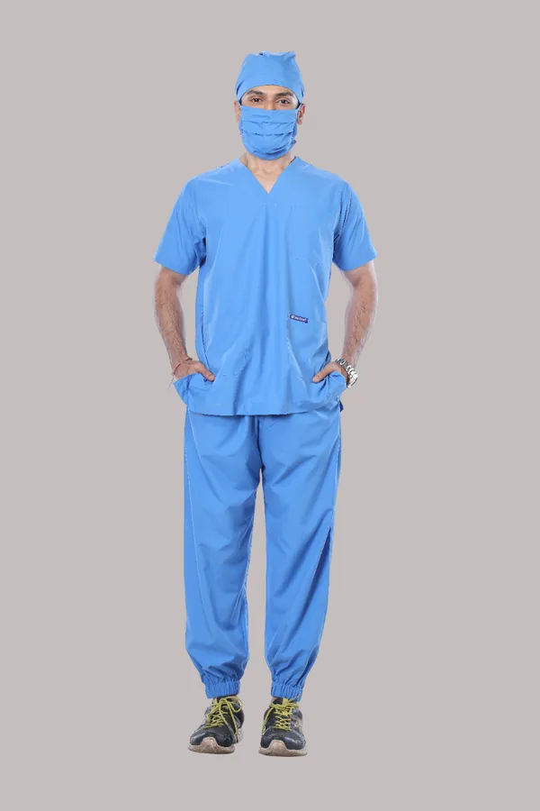 Sky_Blue_7_Pocket_Mandarin_Collar_Scrub_With_Cap_&_Mask_For_Men