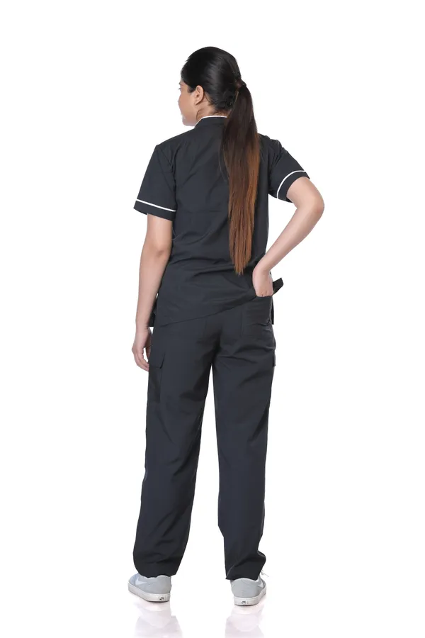 Black_9_Pocket_Biofit_Collar_Scrub_With_Cap_&_Mask_For_Women