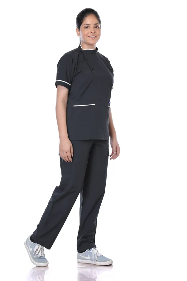 Black_9_Pocket_Biofit_Collar_Scrub_With_Cap_&_Mask_For_Women