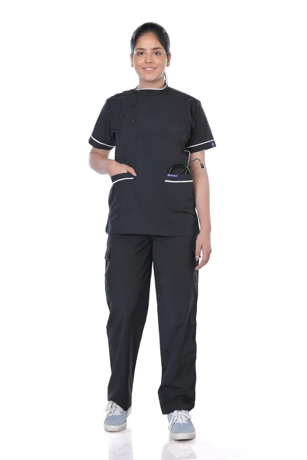 Black_9_Pocket_Biofit_Collar_Scrub_With_Cap_&_Mask_For_Women