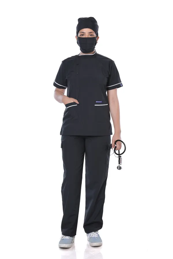 Black_9_Pocket_Biofit_Collar_Scrub_With_Cap_&_Mask_For_Women
