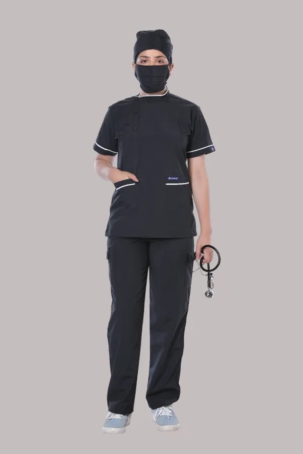 Black_9_Pocket_Biofit_Collar_Scrub_With_Cap_&_Mask_For_Women