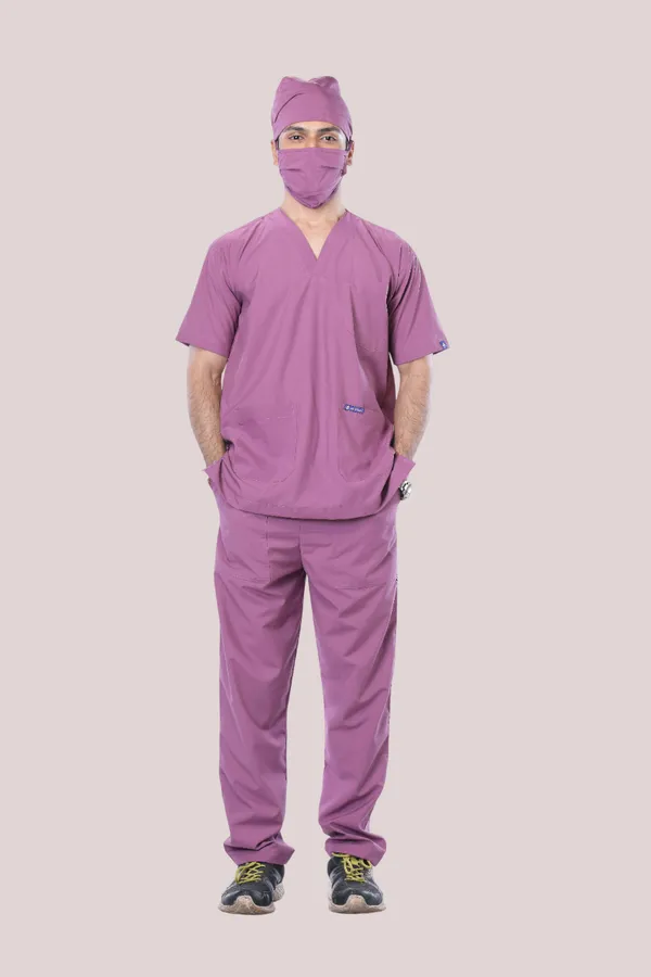 Misty_Pink_5_Pocket_V_Neck_Scrub_With_Cap_&_Mask_For_Men