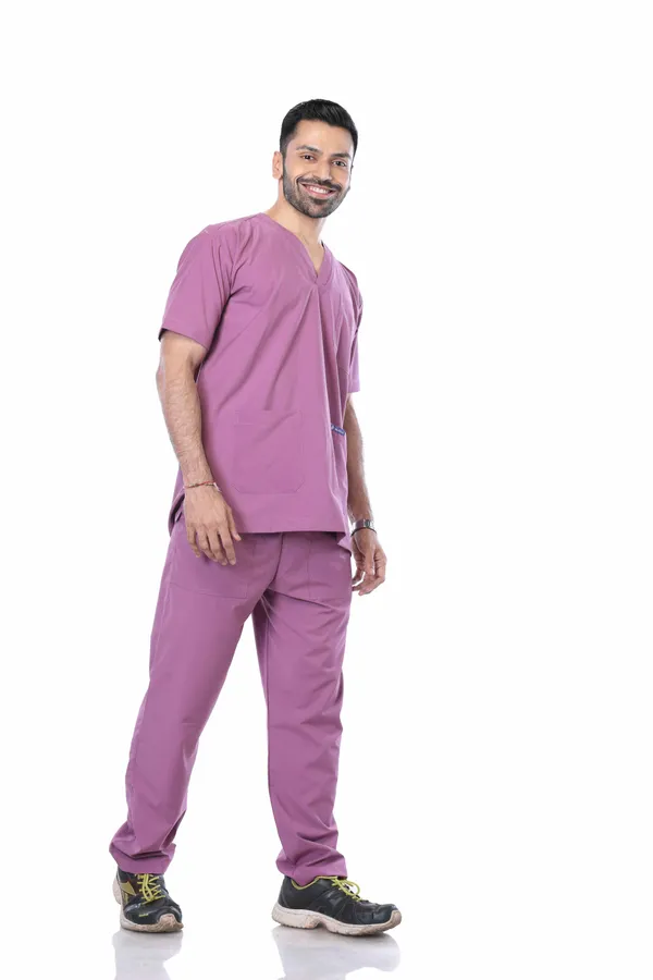 Misty_Pink_5_Pocket_V_Neck_Scrub_With_Cap_&_Mask_For_Men