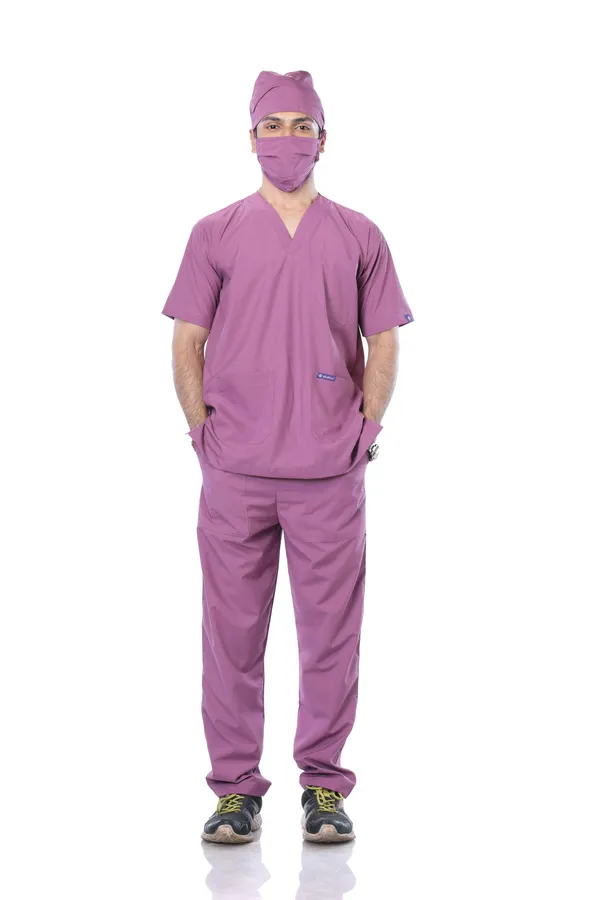 Misty_Pink_5_Pocket_V_Neck_Scrub_With_Cap_&_Mask_For_Men