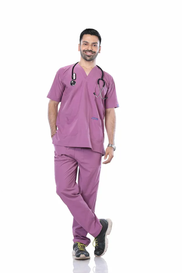 Misty_Pink_5_Pocket_V_Neck_Scrub_With_Cap_&_Mask_For_Men