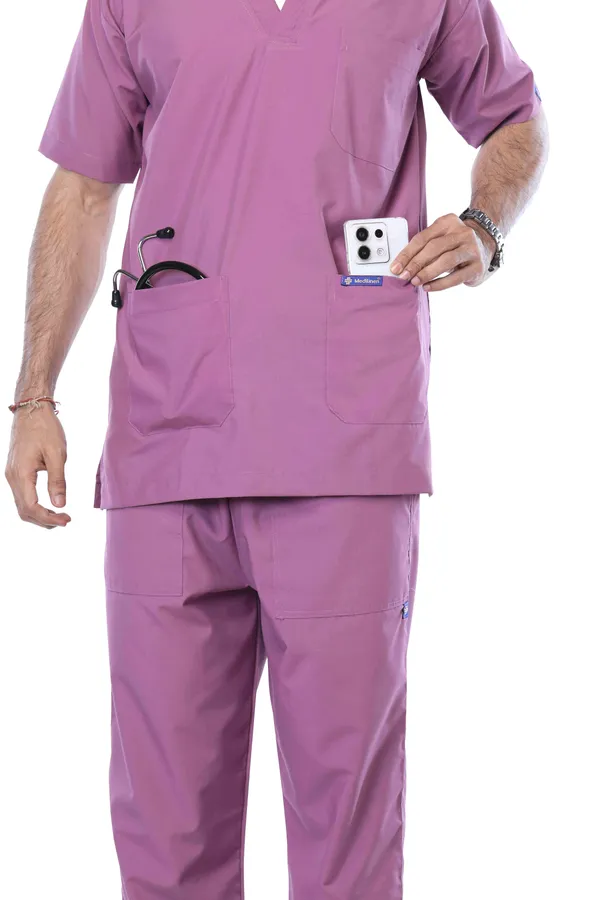 Misty_Pink_5_Pocket_V_Neck_Scrub_With_Cap_&_Mask_For_Men