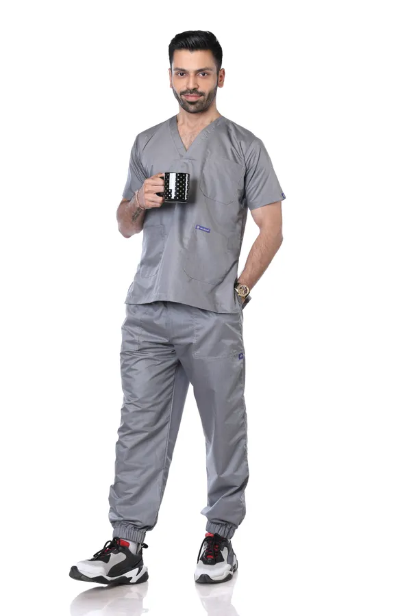 Grey_7_Pocket_V_Neck_Scrub_With_Cap_&_Mask_For_Men