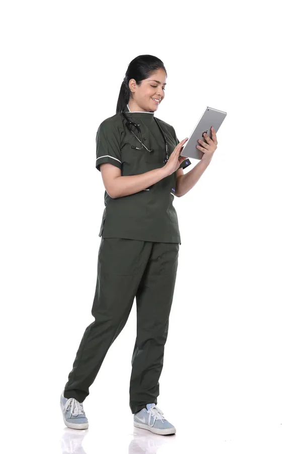 Forest_Green_5_Pocket_Biofit_Collar_Scrub_With_Cap_&_Mask_For_Women
